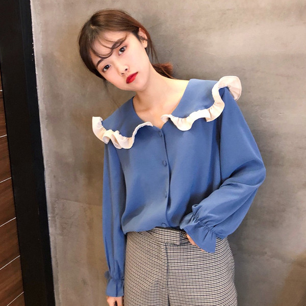 Cămașă de damă actuală cu mânecă lanternă și guler lotus în două culori - albastru și cais
