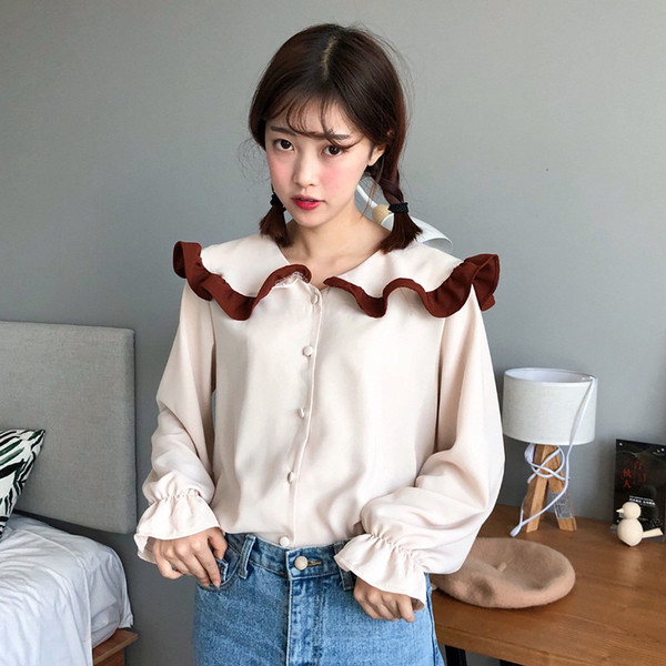 Cămașă de damă actuală cu mânecă lanternă și guler lotus în două culori - albastru și cais