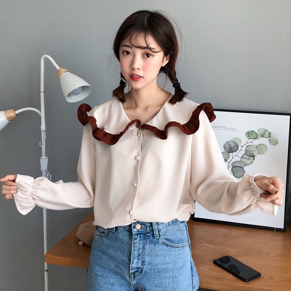 Cămașă de damă actuală cu mânecă lanternă și guler lotus în două culori - albastru și cais