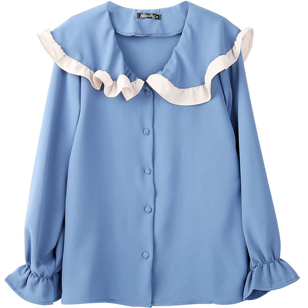 Cămașă de damă actuală cu mânecă lanternă și guler lotus în două culori - albastru și cais