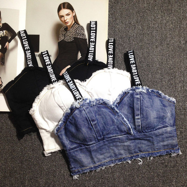 Bustieră de damă din denim cu motive rupte și inscripție în trei culori