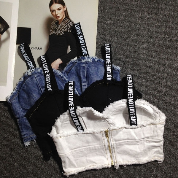 Bustieră de damă din denim cu motive rupte și inscripție în trei culori