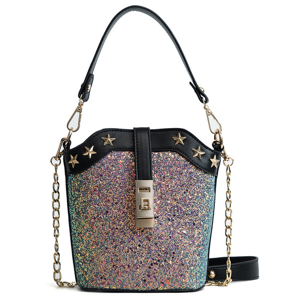 Mini geantă blândă de damă cu mâner metalic și particule strălucitoare - două culori