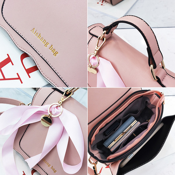 Geanta de mana delicata in trei culori cu panglica si manere duble