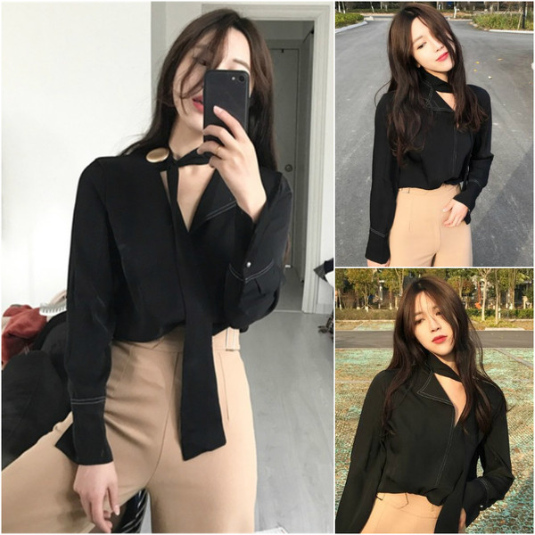 Εξαιρετικό γυναικείο πουκάμισο με κορδόνια και διακοσμητικές λευκές ραφές