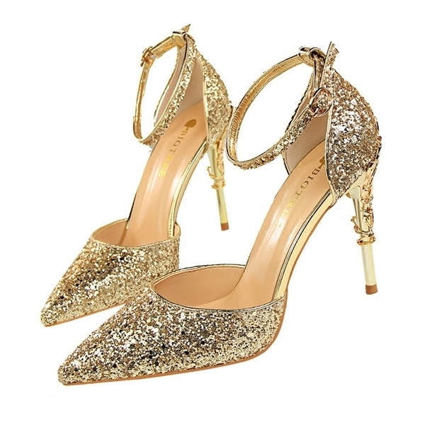 Pantofi de damă cu toc strălucitori și stilați, cu decor metalic - mai multe culori