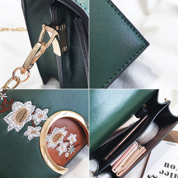 Geanta de mana delicata cu broderie si maner metalic, in trei culori