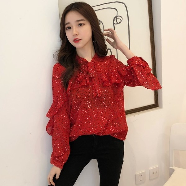 Cămașă de damă proaspătă cu volan și cravate în două culori