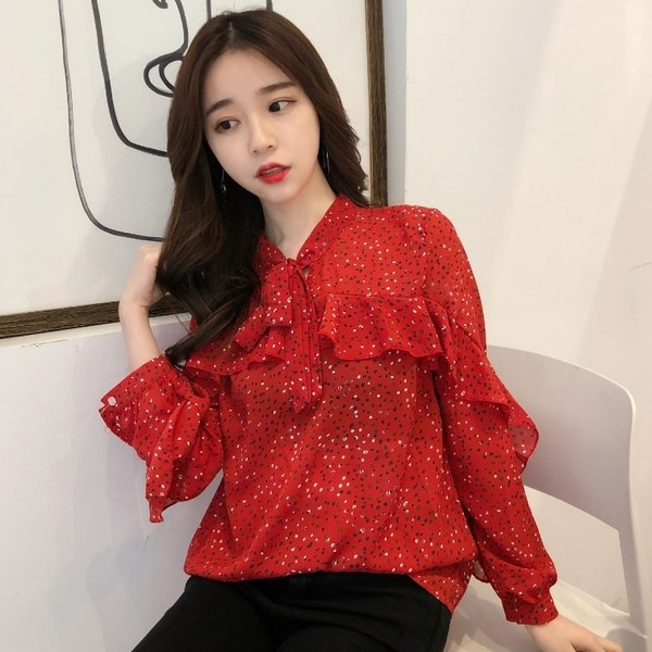 Cămașă de damă proaspătă cu volan și cravate în două culori