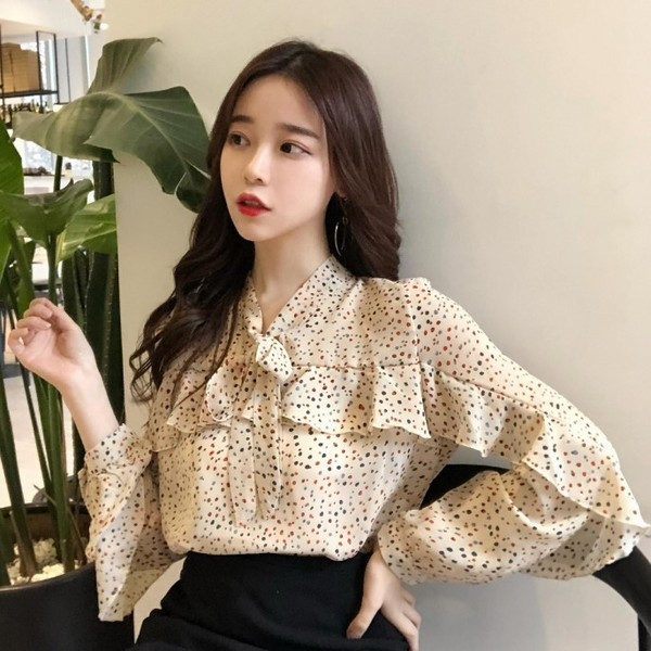 Cămașă de damă proaspătă cu volan și cravate în două culori