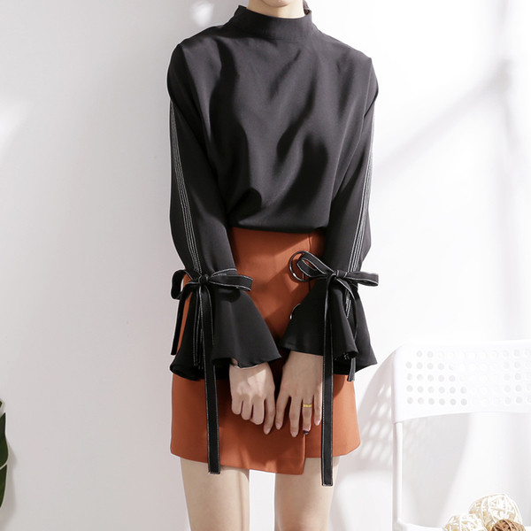 Cămașă elegantă de damă în negru cu decor panglică