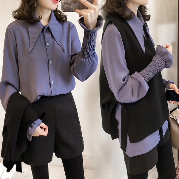 Γυναικείο σετ από δύο κομμάτια - ένα πουκάμισο με ένα ενδιαφέρον μανίκι και ένα ίσιο γιλέκο - σε διάφορα χρώματα