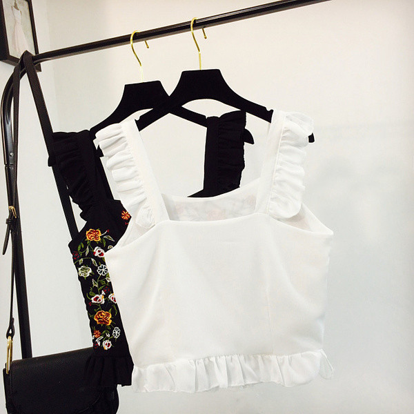 Maieu elegant de dama alb-negru cu broderie florala - model scurt