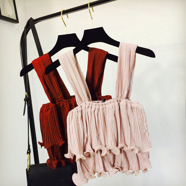 Maieu scurt de damă, pliat, elegant, cu bretele largi, în trei culori