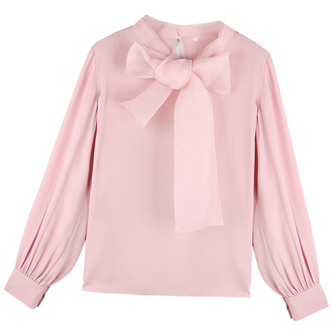 Cămașă de șifon de damă cu mâneci lungi și largi și o panglică mare în trei culori