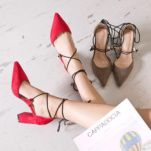 Sporty - pantofi de dama eleganti cu toc gros cu sireturi in trei culori