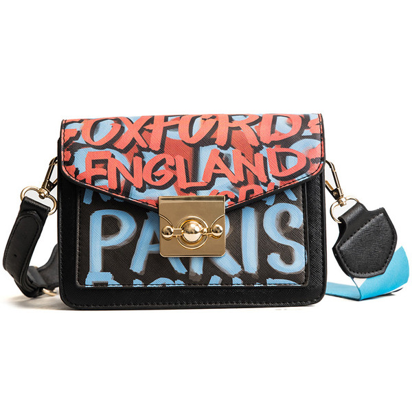 Geanta mini de dama in doua culori cu inscriptii colorate si bretele late