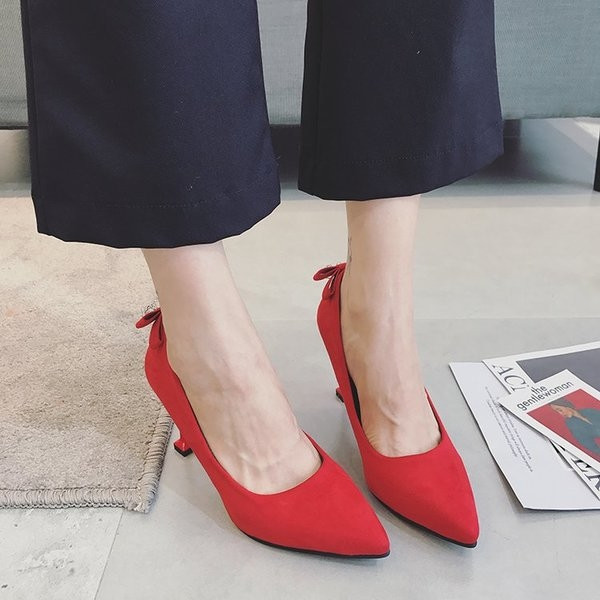 Pantofi eleganti de dama cu toc subtire cu decor panglica in negru si rosu