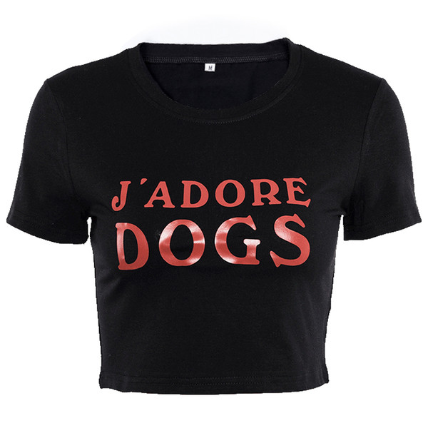 Tricou scurt de damă de damă în negru cu inscripție