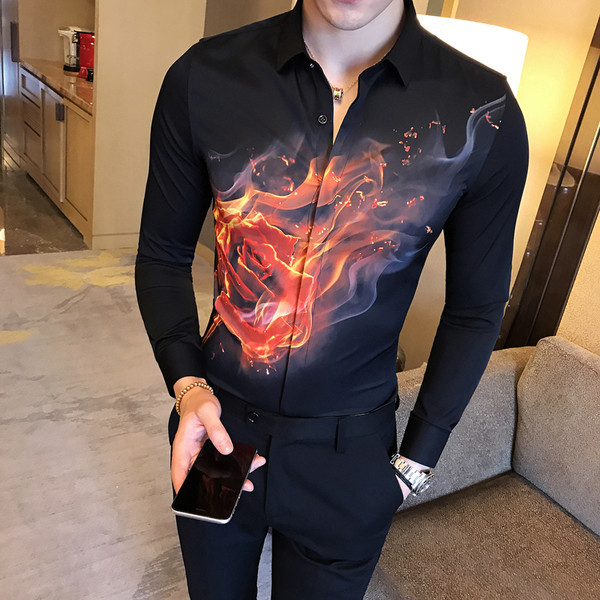 Cămașă pentru bărbați cu mâneci lungi în alb și negru cu imprimeu