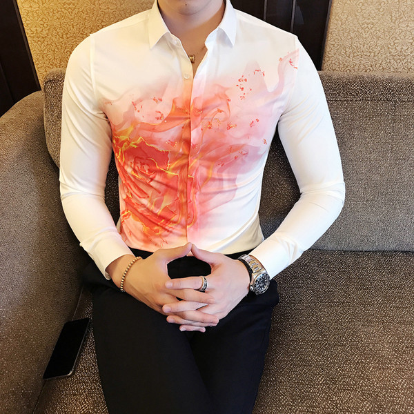 Cămașă pentru bărbați cu mâneci lungi în alb și negru cu imprimeu