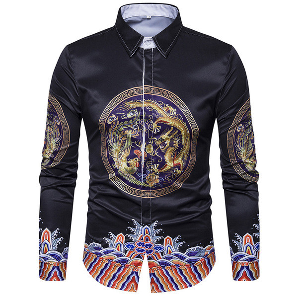 Cămașă elegantă pentru bărbați, neagră, cu mâneci lungi, cu motive etnice
