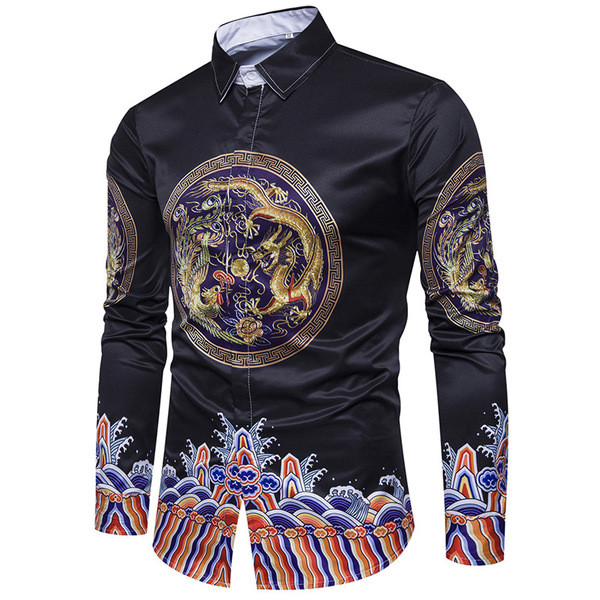 Cămașă elegantă pentru bărbați, neagră, cu mâneci lungi, cu motive etnice