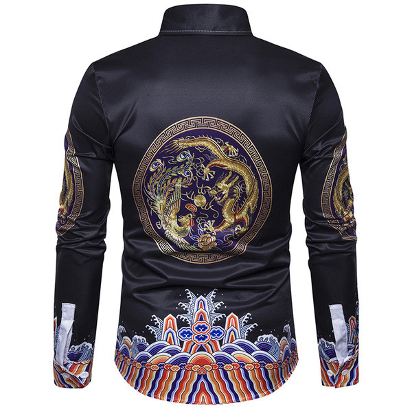 Cămașă elegantă pentru bărbați, neagră, cu mâneci lungi, cu motive etnice