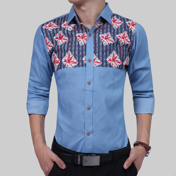 Cămașă bărbătească cu mâneci tip role în două nuanțe și cu imprimeu