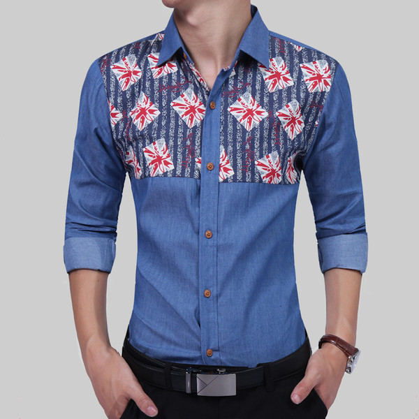 Cămașă bărbătească cu mâneci tip role în două nuanțe și cu imprimeu