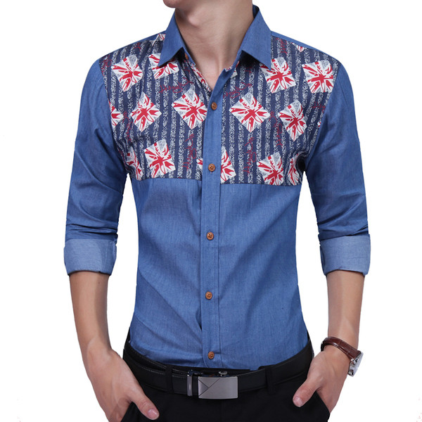 Cămașă bărbătească cu mâneci tip role în două nuanțe și cu imprimeu