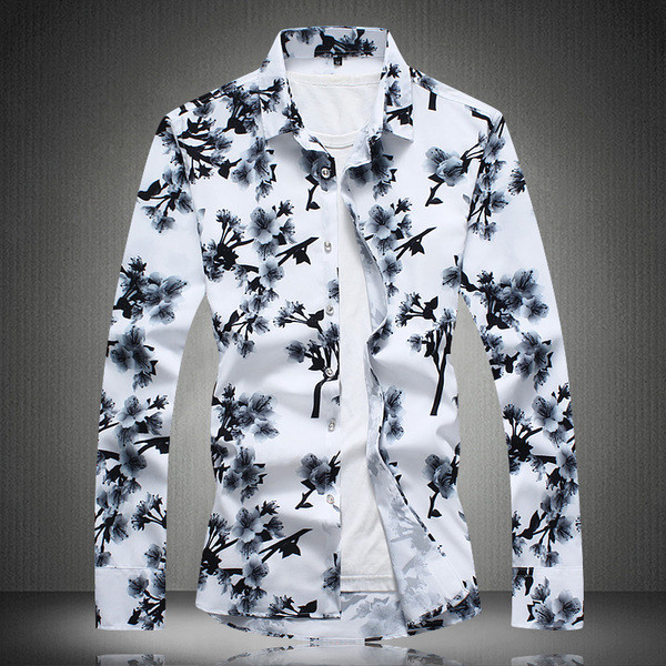 Cămașă modernă pentru bărbați, cu mânecă lungă, de culoare albă, cu imprimeu floral