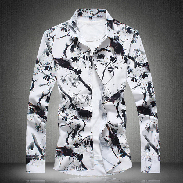 Cămașă modernă pentru bărbați, cu mânecă lungă, de culoare albă, cu imprimeu floral