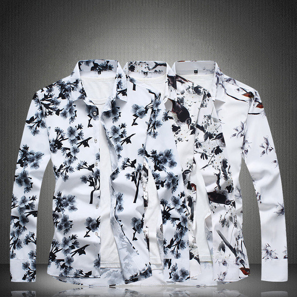 Cămașă modernă pentru bărbați, cu mânecă lungă, de culoare albă, cu imprimeu floral