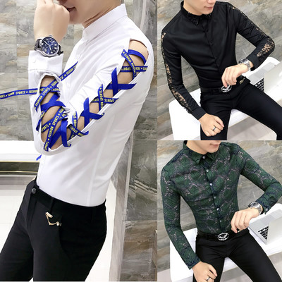 Men`s modern shirt in different models and sleeve length with elements of lace, ties and print