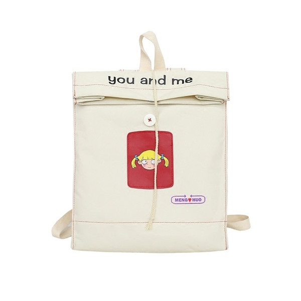 Interesant tip geanta rucsac dama cu aplicatii si inscriptionare alb, galben si negru