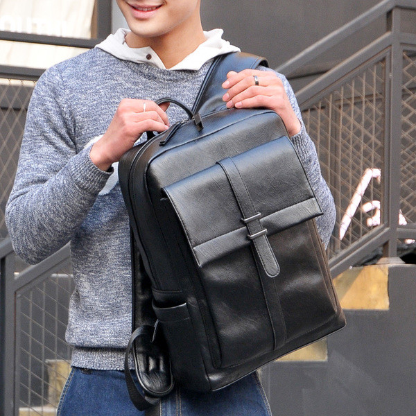 Мъжка практична раница от еко кожа с преден дълбок джоб - два модела в черен цвят