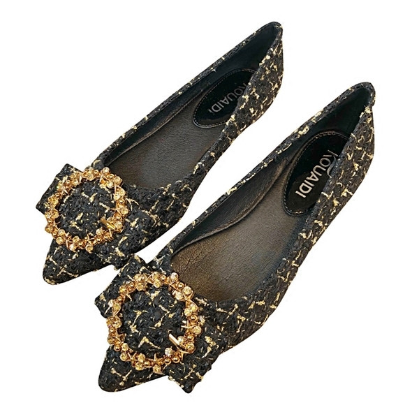 Pantofi casual din pânză ascuțiți, cu o panglică mare și o cataramă metalică în două culori