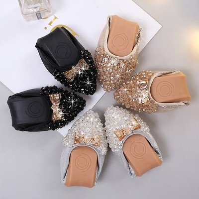 Current women`s shoes with rich bead decoration and soft sole in several colors
