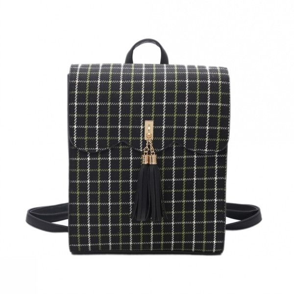 Rucsac elegant de damă în carouri pătrate cu ciucuri în negru și maro