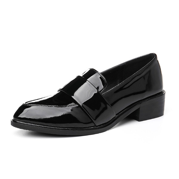 Pantofi eleganti din piele lacuita cu talpa groasa pentru doamne in negru