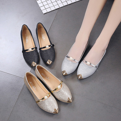 Дамски заострени обувки с брокат  и метални елементи в три цвята - златен, сребърен и черен