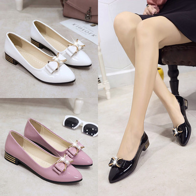Modern women`s patent leather shoes with a ribbon in three colors - white, black and pink