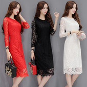 Rochie de dama lunga din dantela eleganta in rosu, negru si alb