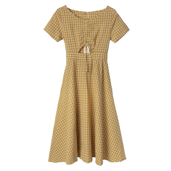 Rochie casual de dama cu maneci scurte stil retro in culoare galbena