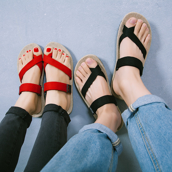 Дамски чехли през пръсти в три цвята - бежов, червен и черен