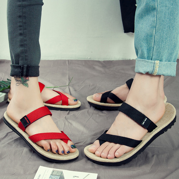 Дамски чехли през пръсти в три цвята - бежов, червен и черен