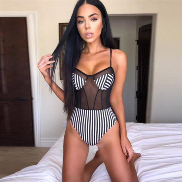 Costum de baie damă în dungi cu motiv transparent