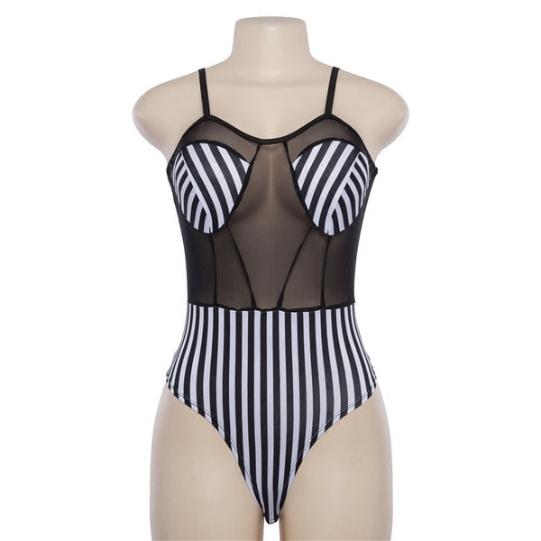 Costum de baie damă în dungi cu motiv transparent