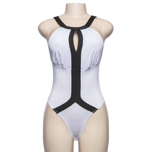 Costum de baie complet pentru doamne cu decolteu alb-negru cu spatele gol